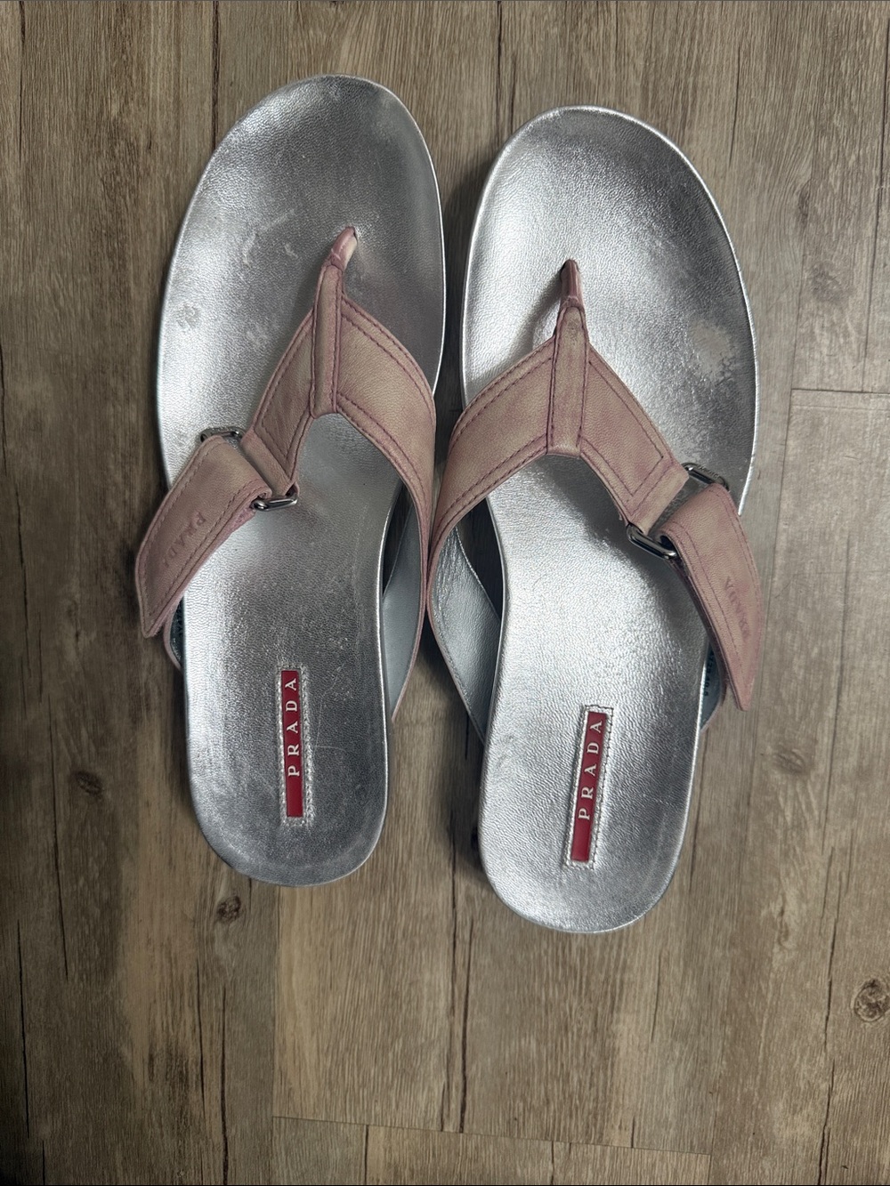Prada Silver Sandals with Blush Pink Straps